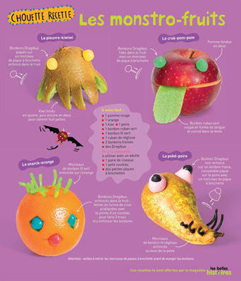 Téléchargez la recette des monstro-fruits extraite du magazine Les Belles Histoires d'octobre 2016. Recette : Anne Chiumino (conception et réalisation). Photos : Benoît Teillet. Illustrations : Amélie Falière. Merci à Ulysse.
