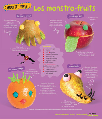 Téléchargez la recette des monstro-fruits extraite du magazine Les Belles Histoires d'octobre 2016. Recette : Anne Chiumino (conception et réalisation). Photos : Benoît Teillet. Illustrations : Amélie Falière. Merci à Ulysse.