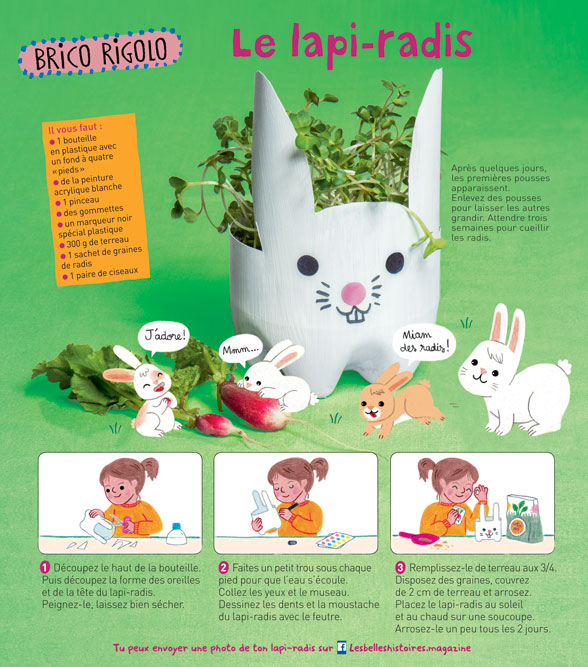 Téléchargez la fiche bricolage : “Le lapi-radis”, Les Belles Histoires n°543, mars 2018. Recette : Anne Chiumino (conception et réalisation). Photos : Benoît Teillet. Illustrations : Hélène Chétaud. Merci à Rose.