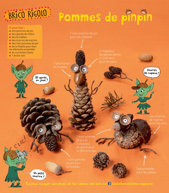 “Copains des bois - Pommes de pinpin”, Les Belles Histoires n°551, novembre 2018. Bricolage : Anne Chiumino (conception et réalisation). Photos : Benoît Teillet. Illustrations : Magali Clavelet.