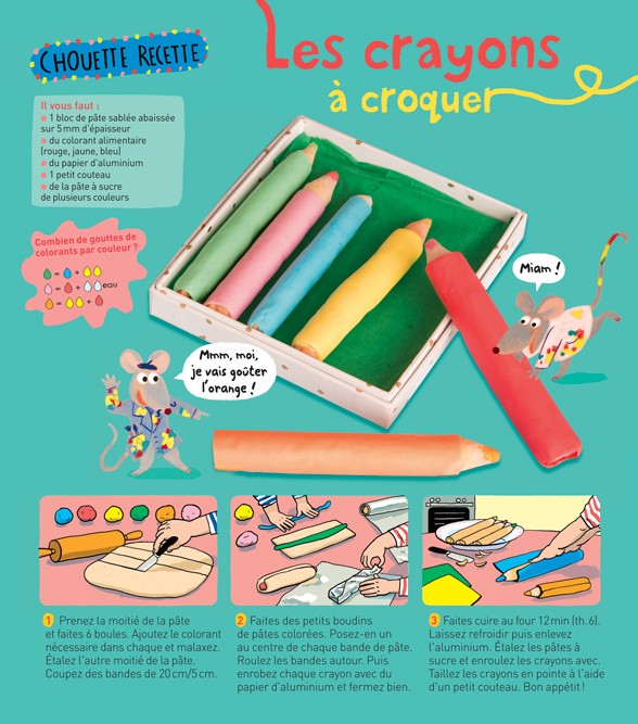 “Chouette recette : Les crayons à croquer”, Les Belles Histoires n° 561, septembre 2019. Recette : Anne Chiumino (réalisation). Photos : Isabelle Franciosa. Illustrations : Anne Rouquette.