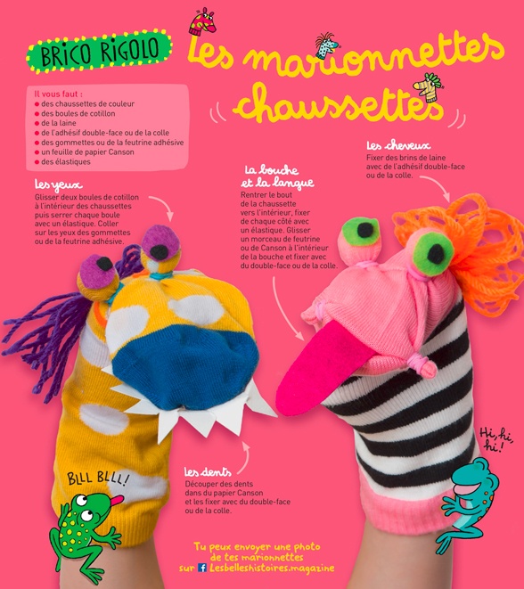 “Brico rigolo : Les marionnettes chaussettes”, Les Belles Histoires n° 562, octobre 2019. Bricolage : Anne Chiumino. Photos : Isabelle Franciosa. Illustrations : Isabelle Assémat.