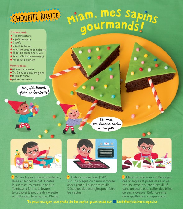 Téléchargez la “Chouette recette : Miam, mes sapins gourmands”, Les Belles Histoires n° 564, décembre 2019. Recette : Anne Chiumino. Photos : Isabelle Franciosa. Illustrations : Hélène Chétaud.