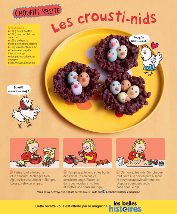 Recette de Pâques : “Les crousti-nids”, Les Belles Histoires n°568, avril 2020. Recette : Anne Chiumino. Photos : Isabelle Franciosa. Illustrations : Isabelle Assémat.