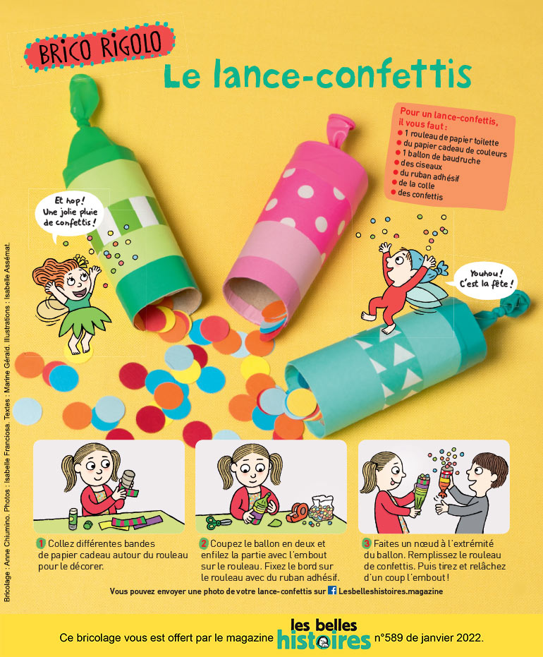 Brico rigolo : “Le lance-confettis”, Les Belles Histoires n°589, janvier 2022. Photo : Isabelle Franciosa.