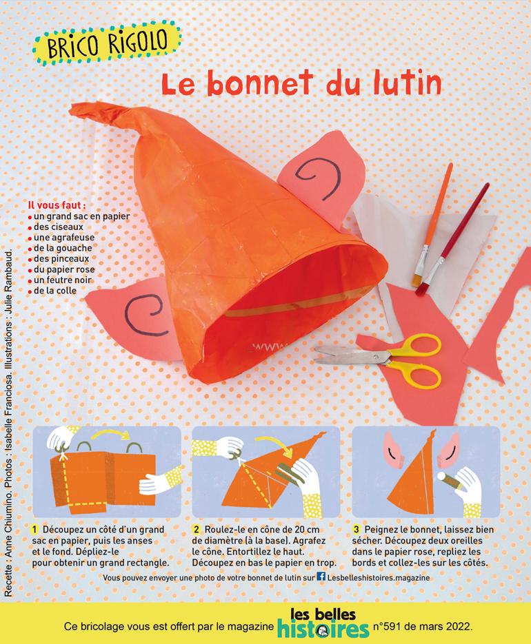 Déguisement à fabriquer avec les enfants : “le bonnet du lutin”, Les Belles Histoires n°591, mars 2022. Illustration : Julie Rambaud.