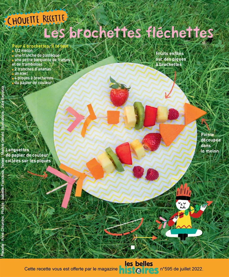 Chouette recette : “Les brochettes fléchettes”, Les Belles Histoires n°595, juillet 2022. Photos : Isabelle Franciosa. Illustrations : Julie Escoriza.