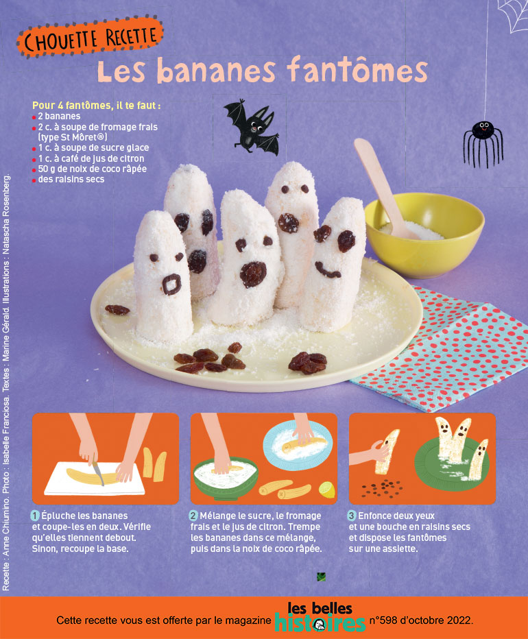 “Les bananes fantômes”, Les Belles Histoires n° 598, octobre 2022. Photo : Isabelle Franciosa. Illustrations : Natascha Rosenberg.