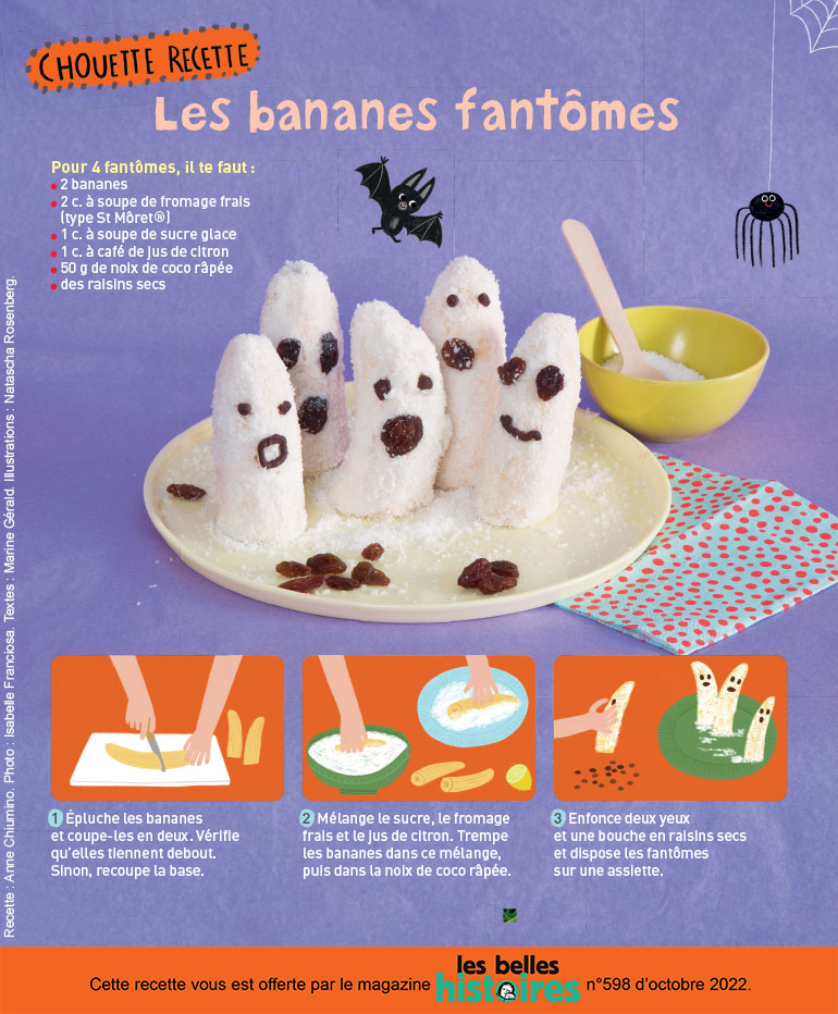 “Les bananes fantômes”, Les Belles Histoires n° 598, octobre 2022. Photo : Isabelle Franciosa. Illustrations : Natascha Rosenberg.