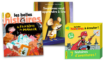 Tirage au sort 50 ans de Belles Histoires - 20 lots à gagner avec un abonnement à Belles Histoires, Souriceau veut apprendre à lire, un Belles Histoires audio : 7 histoires d’aventures