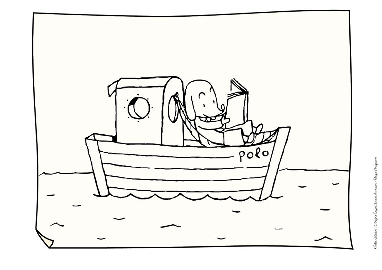 Coloriage à imprimer Polo - Polo lit dans son bateau