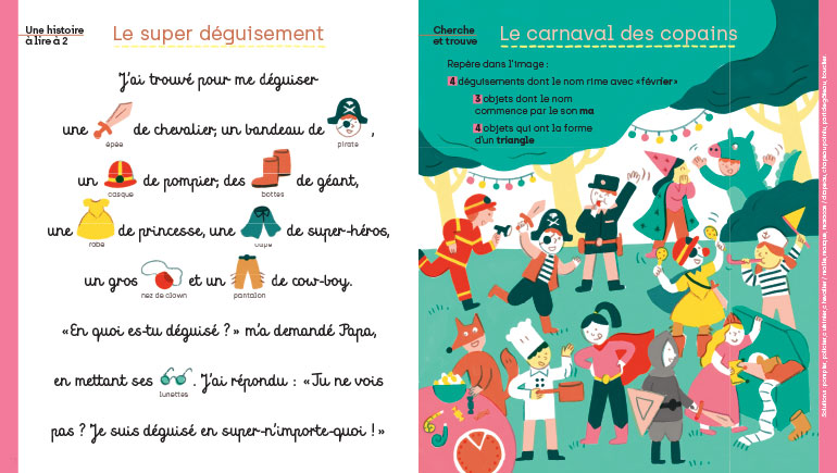 Les Amuse-mots : Chouette, c’est Mardi gras !, Les Belles Histoires n°614, février 2024. Illustrations : Julie Escoriza.